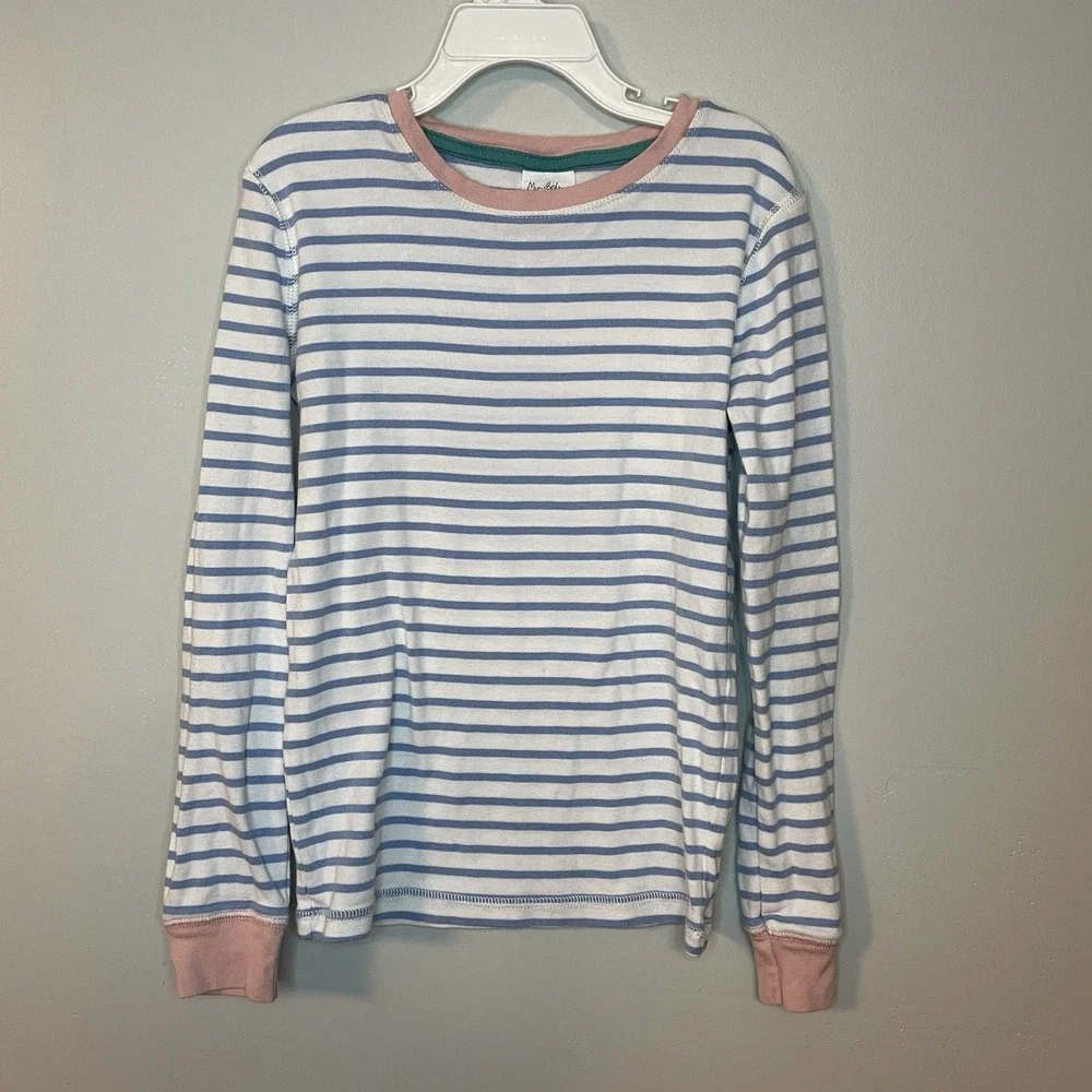 Mini Boden Pajama Top Shirt Girls 10 140cm Blue Striped Pink White Trim‎